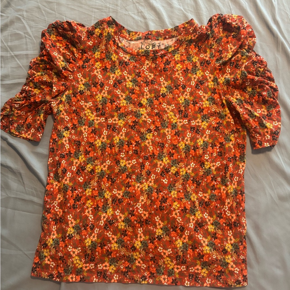 Loft Cotton Fall Colors Floral Puff Sleeve Knit Top